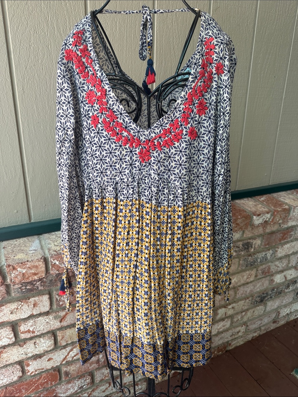 Nostalgia Navy, White & Mustard Mixed Print Tunic with Coral Embroidery